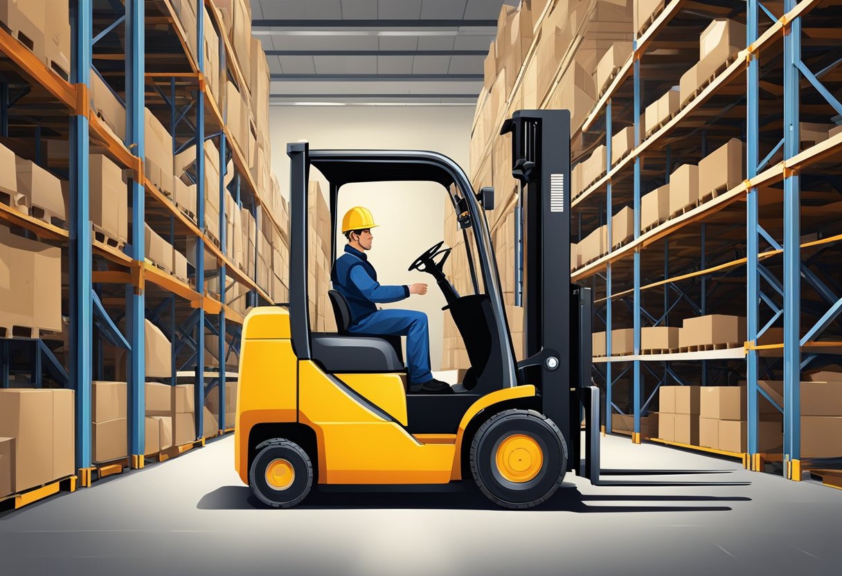 A forklift lifting and moving various parts in a warehouse setting