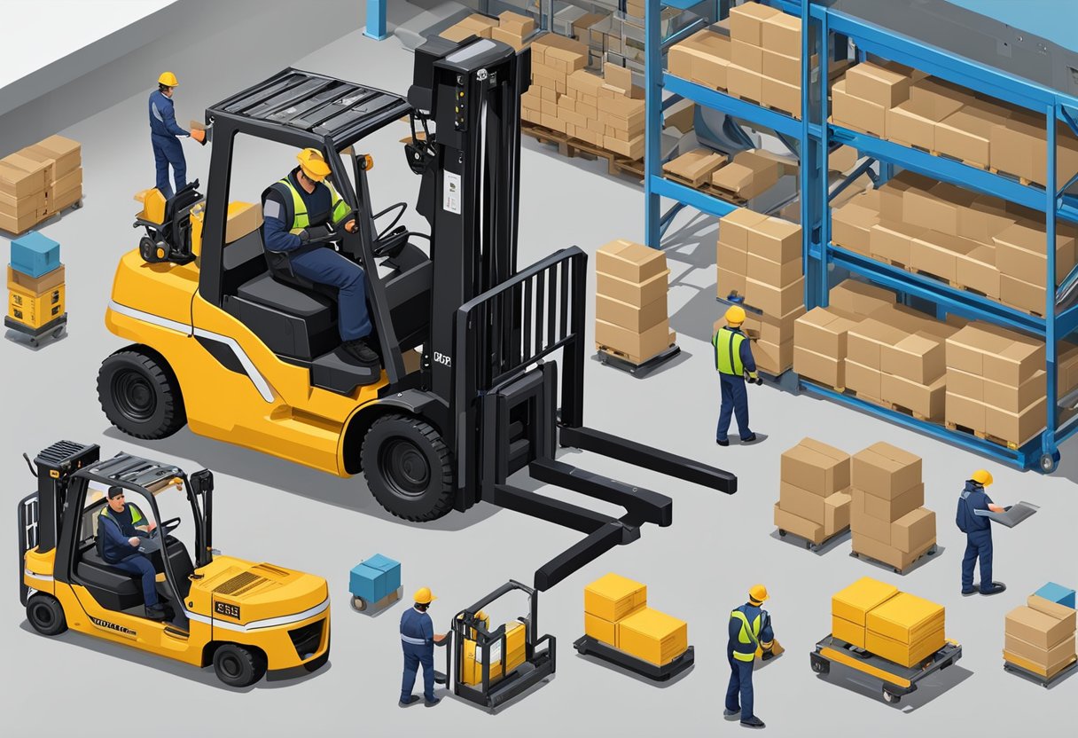 An EP forklift surrounded by various parts and components, with a technician inspecting and repairing the equipment