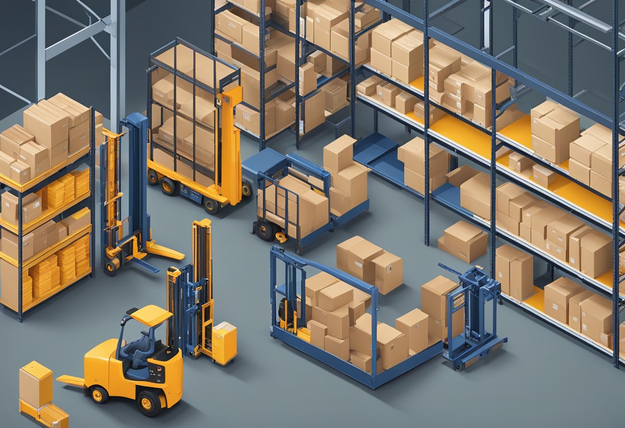 A warehouse setting with various EP forklift parts scattered on shelves and workbenches