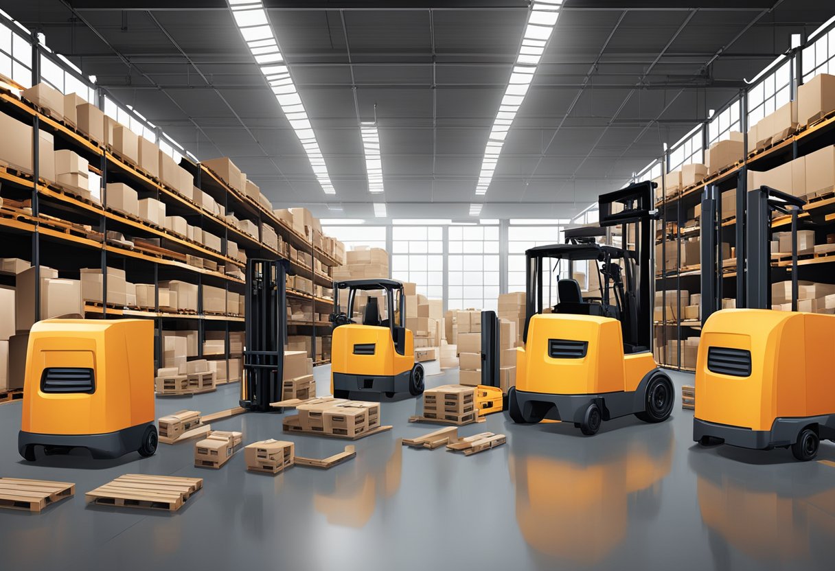 A warehouse scene with EP forklifts and various forklift parts scattered on the floor