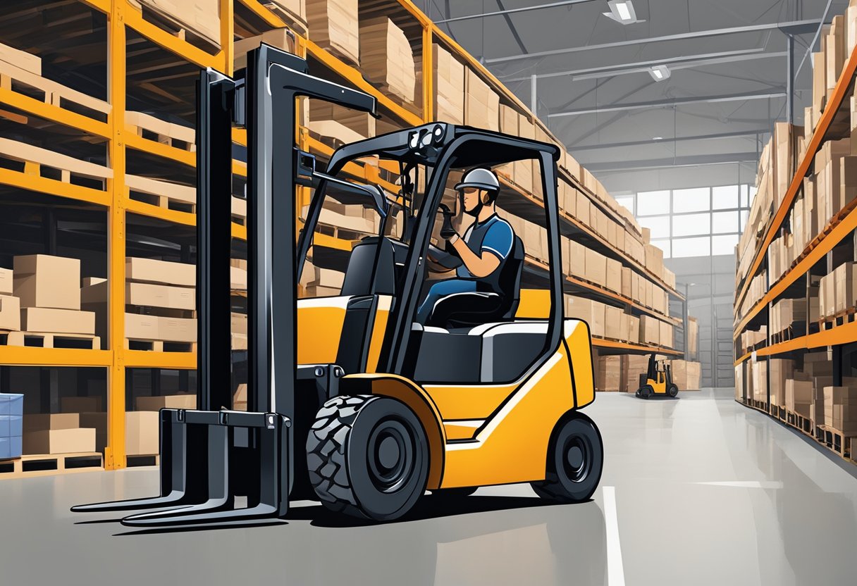 A forklift operator replacing EP forklift parts in a warehouse setting