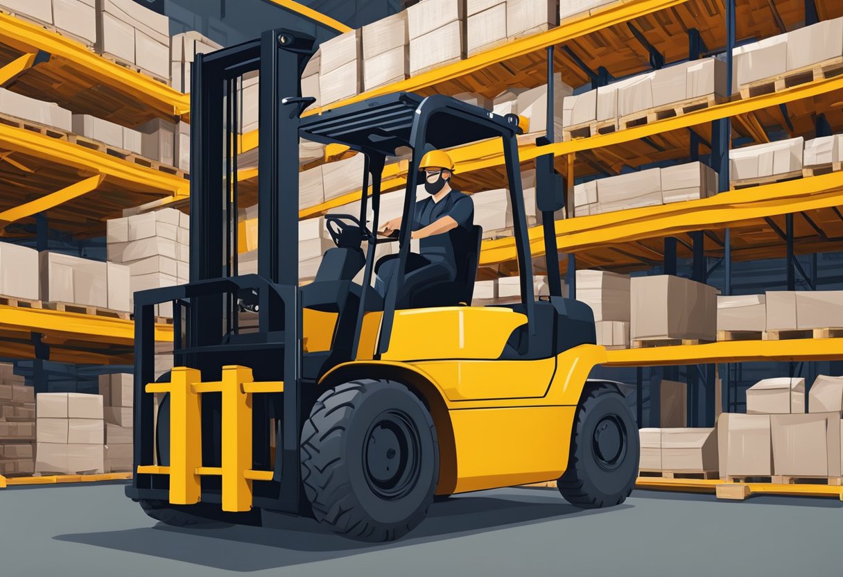 An EP forklift operator performs a safety check on the vehicle, inspecting all parts for compliance with regulations