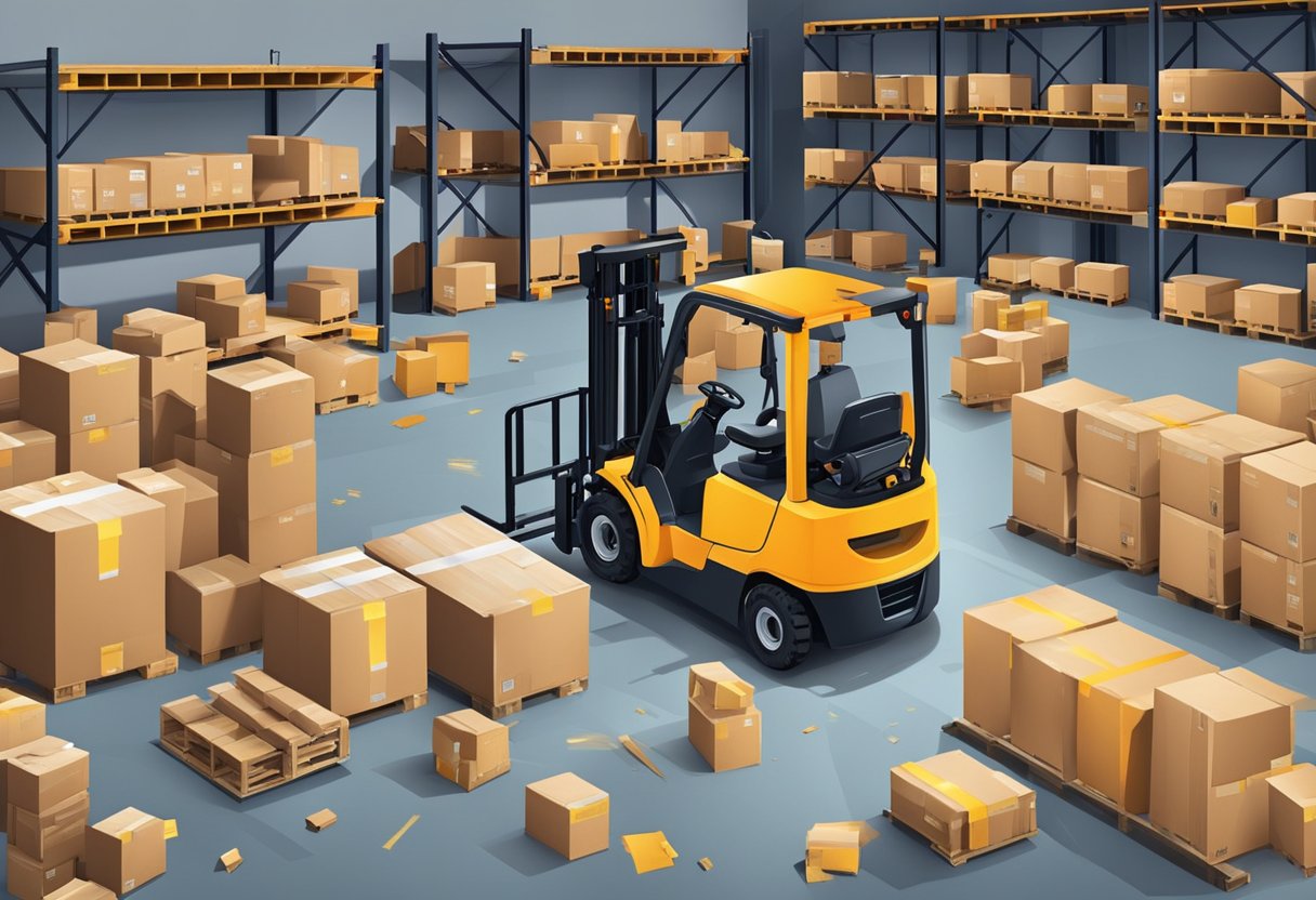 A warehouse with scattered forklift parts and tools