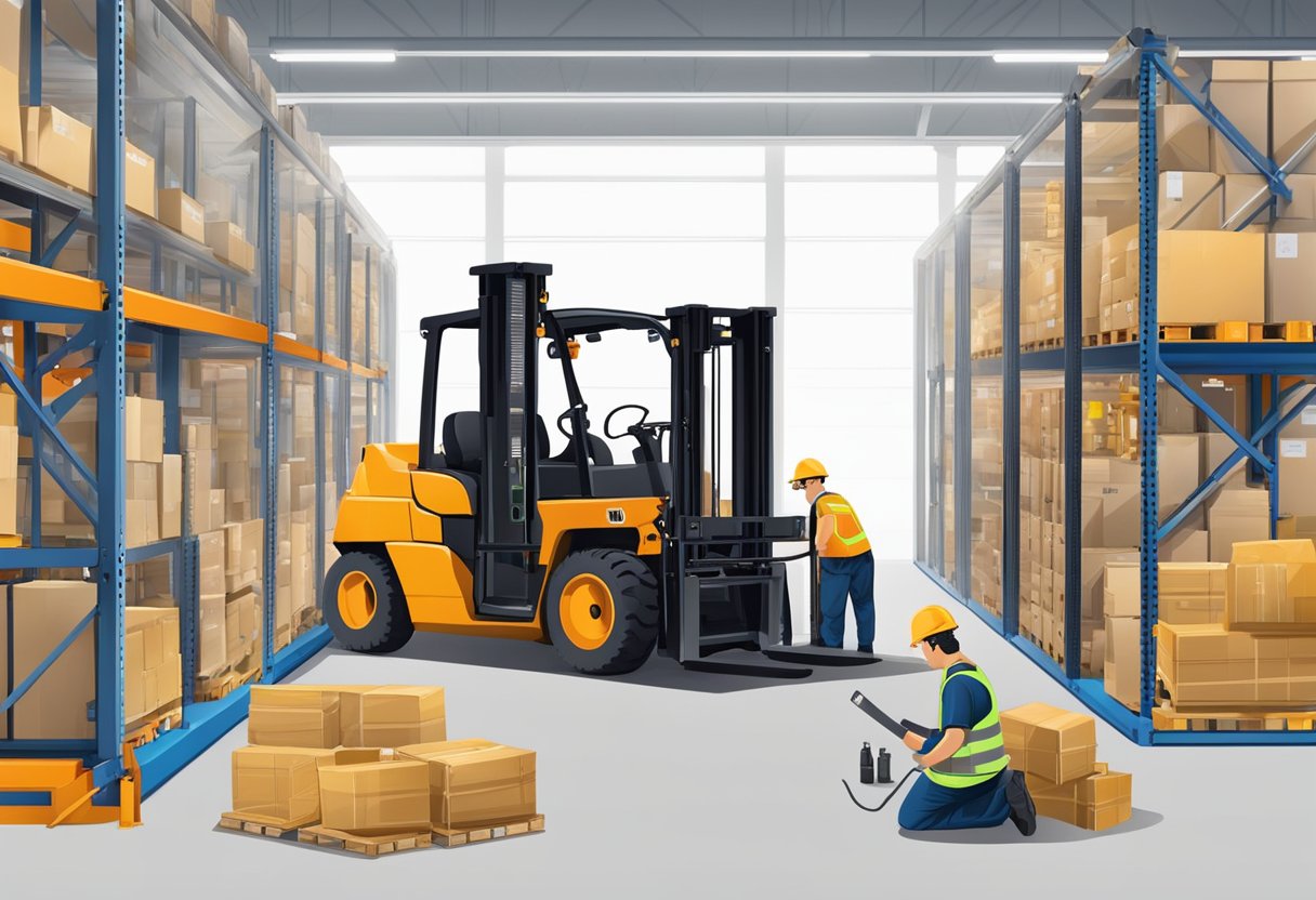 A forklift surrounded by various parts and tools, with a technician inspecting and working on the equipment