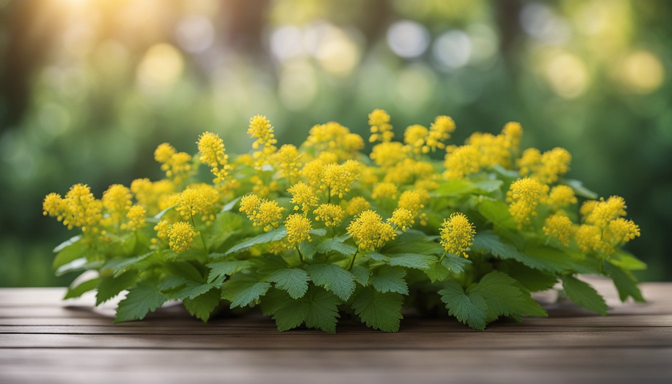 A wooden table displays goldenseal, barberry, and Oregon grape plants, all known for their berberine content