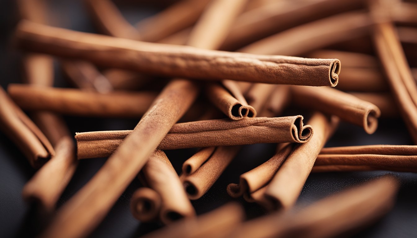 Cinnamon sticks curl and twist, their textured bark catching the light