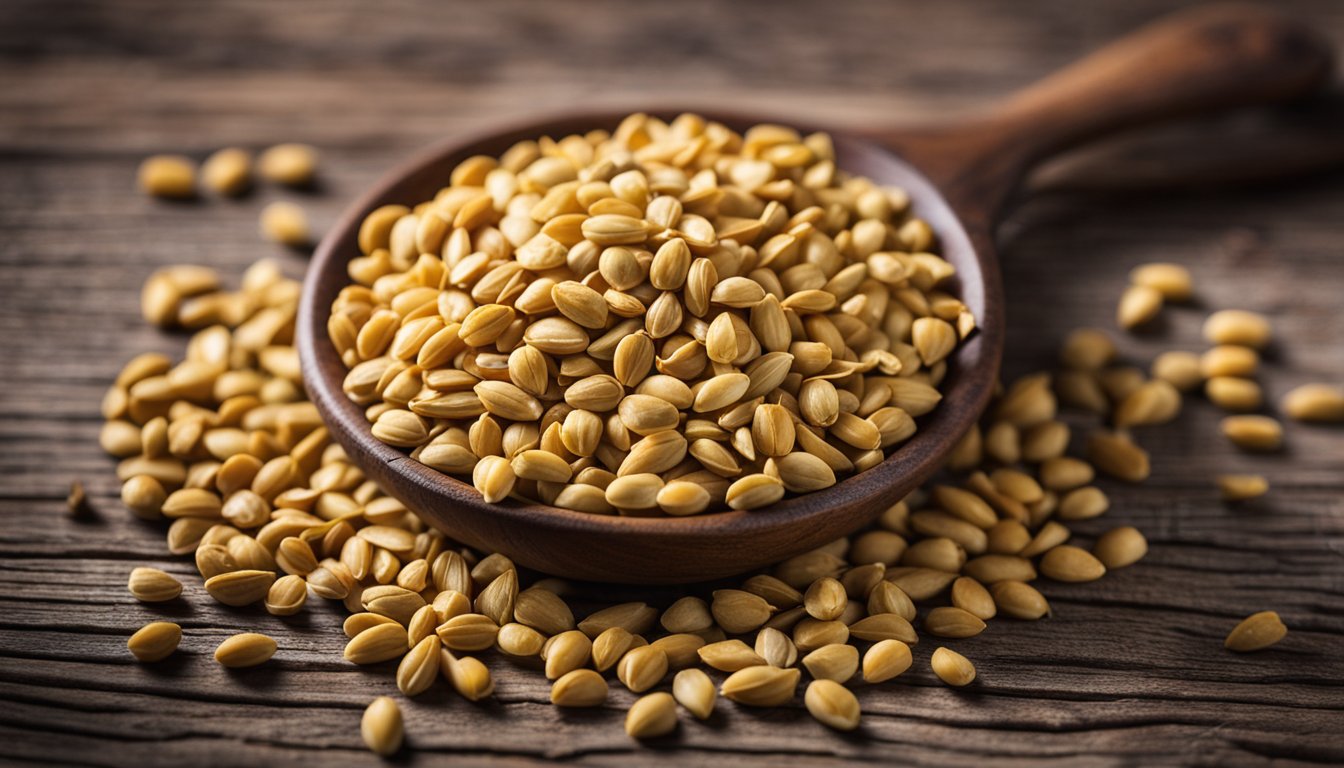 Fenugreek seeds scattered on rustic wood, showcasing their distinct shape and texture