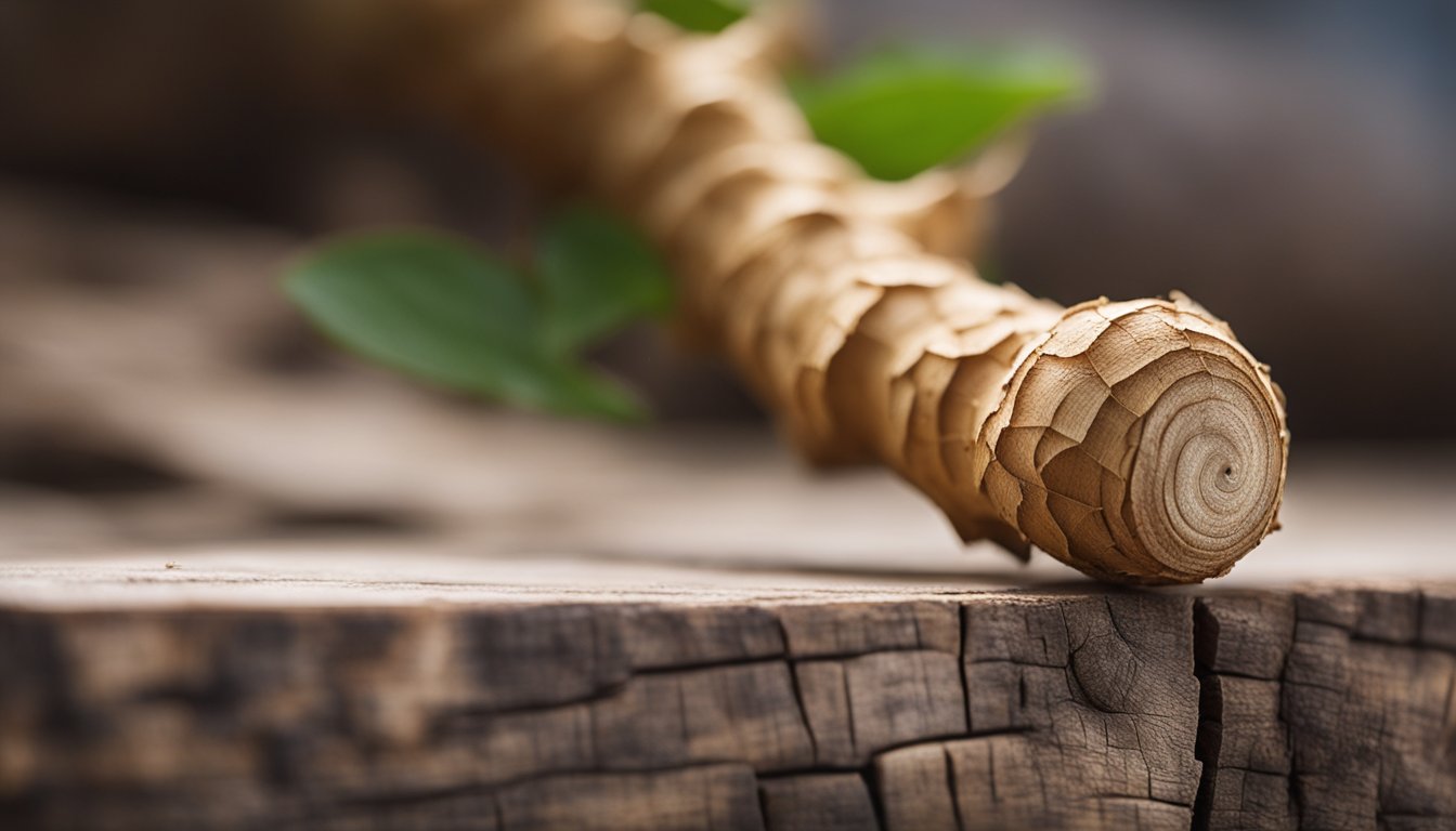 A close-up of a knobby ginger root on a wooden surface, showcasing its distinct texture and shape