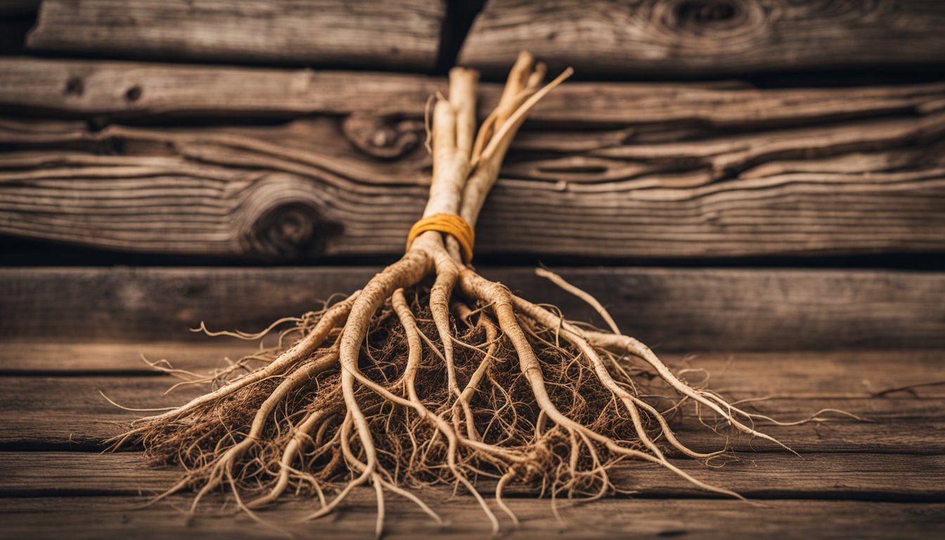 A close-up of a vibrant ginseng root on a weathered wooden backdrop, showcasing its intricate texture and complex root system