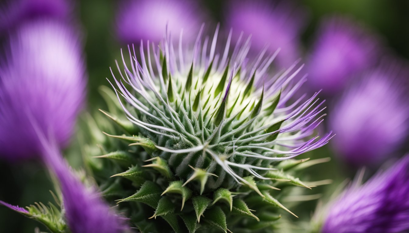 A milk thistle flower in full bloom, with vibrant purple petals and spiky green leaves, captured in a detailed macro shot