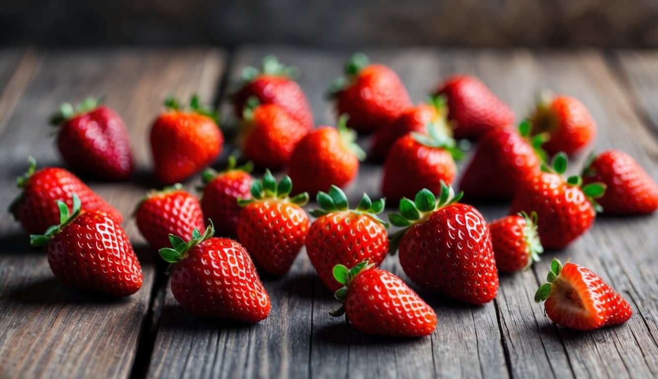 Dried strawberries scattered on a rustic wooden table