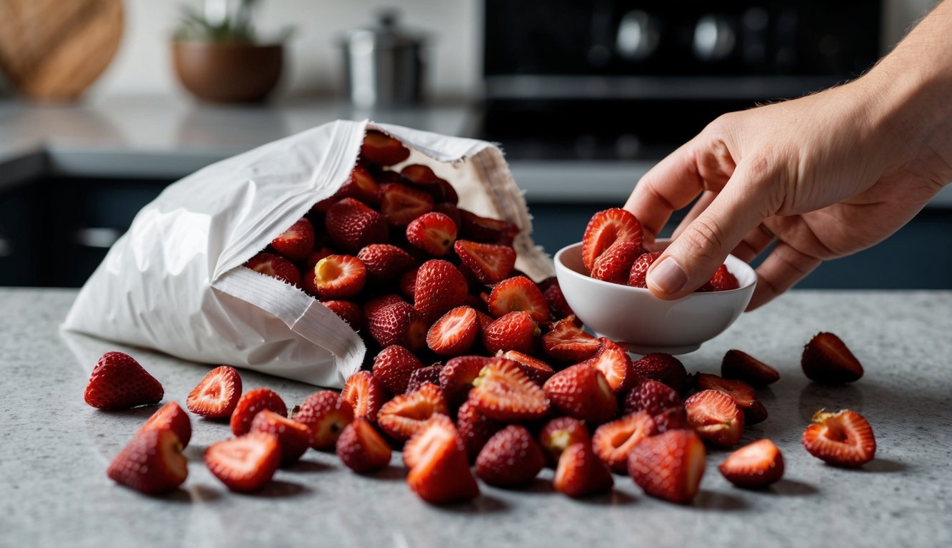 A pile of dried strawberries spills from a torn bag, scattered across a kitchen counter. A determined hand reaches for a small bowl, ready to overcome the challenge of snacking on healthy, dried fruit