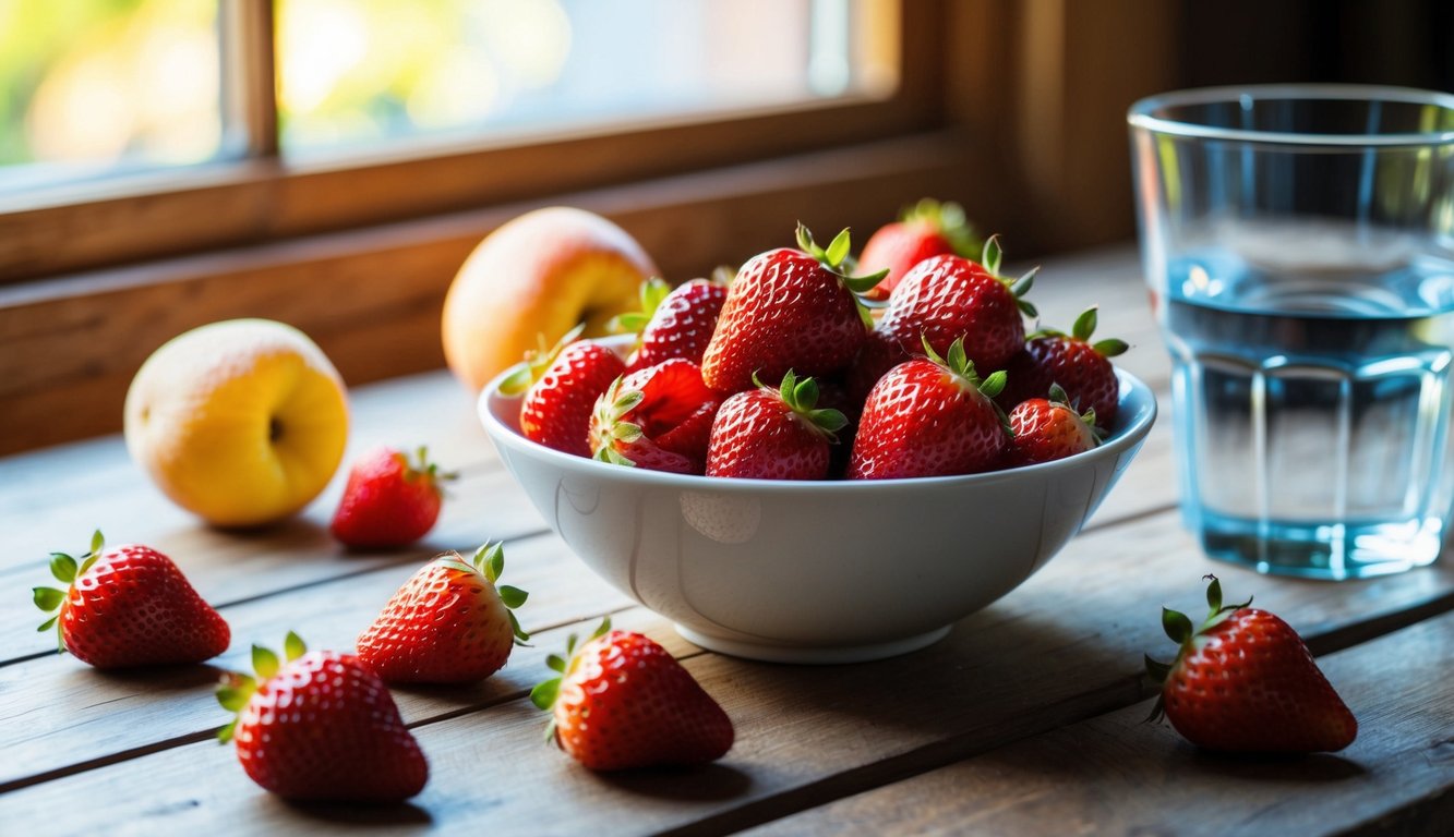 A bowl of dried strawberries sits on a wooden table, surrounded by fresh fruit and a glass of water. Sunlight streams in through a nearby window, casting a warm glow on the scene