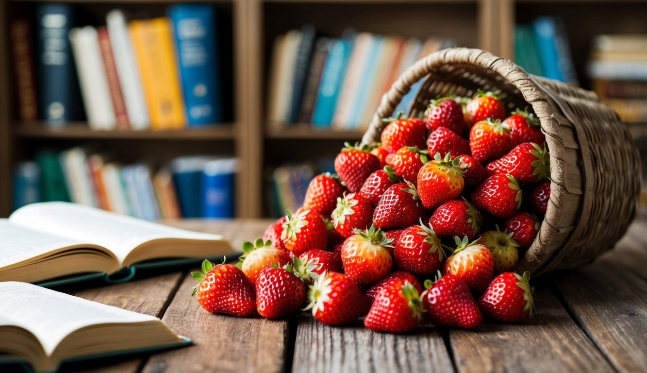 A pile of dried strawberries spilling out of a rustic basket onto a wooden table, surrounded by open books and a cozy reading nook