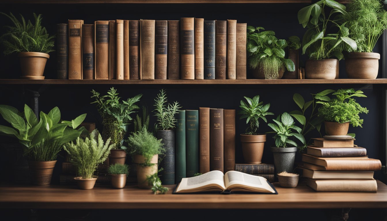 A bookshelf filled with herbology books, plants placed alongside, creating a cozy study atmosphere