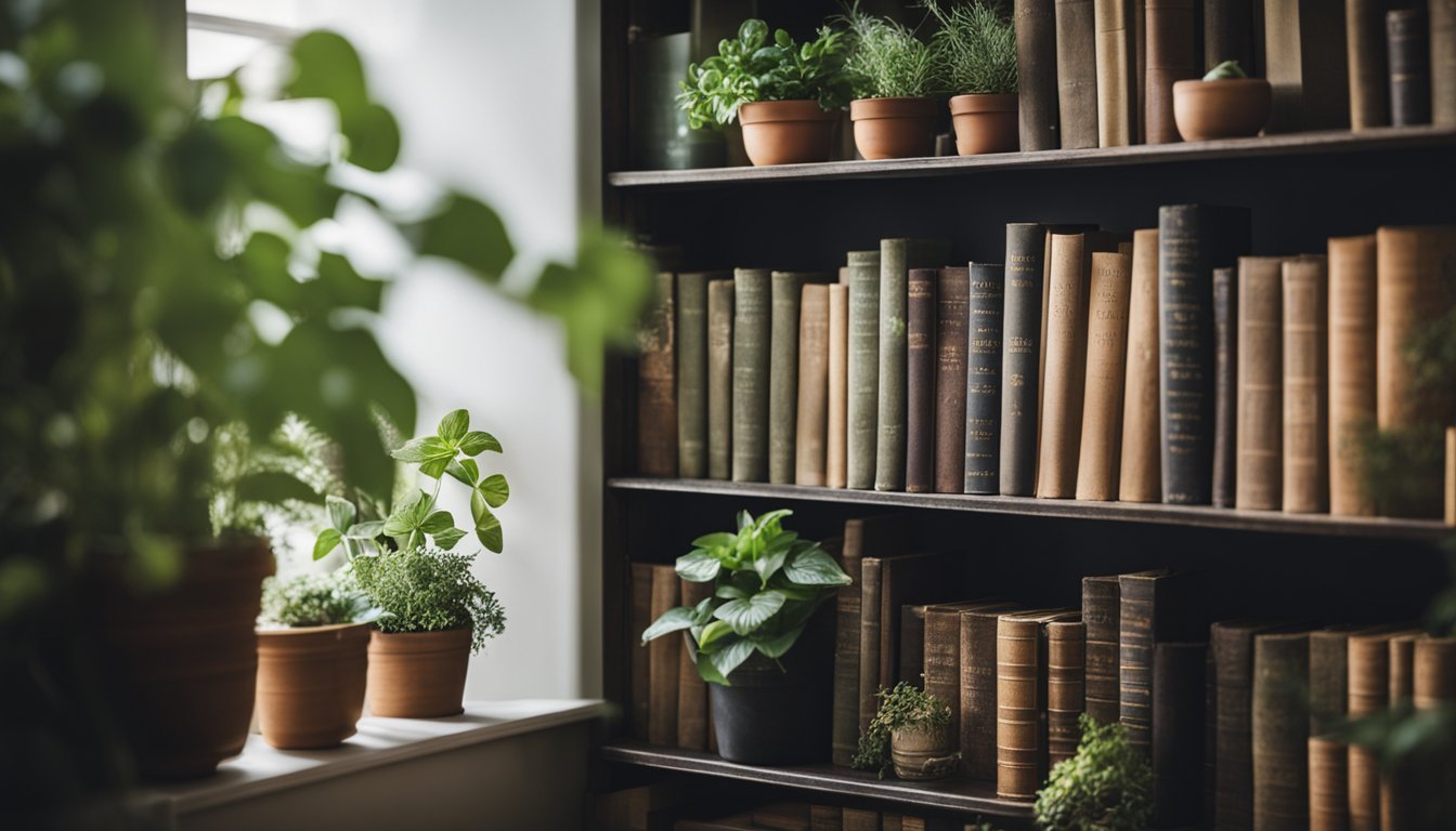 A bookshelf filled with herbology books, plants, and herbs creates a cozy study atmosphere