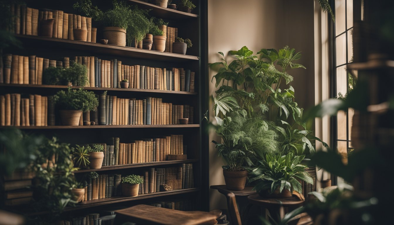 A bookshelf filled with herbology books, plants placed alongside, creating a cozy study atmosphere