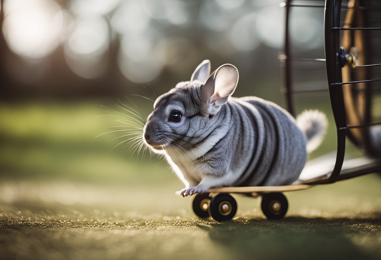 A chinchilla running on a wheel in its cage