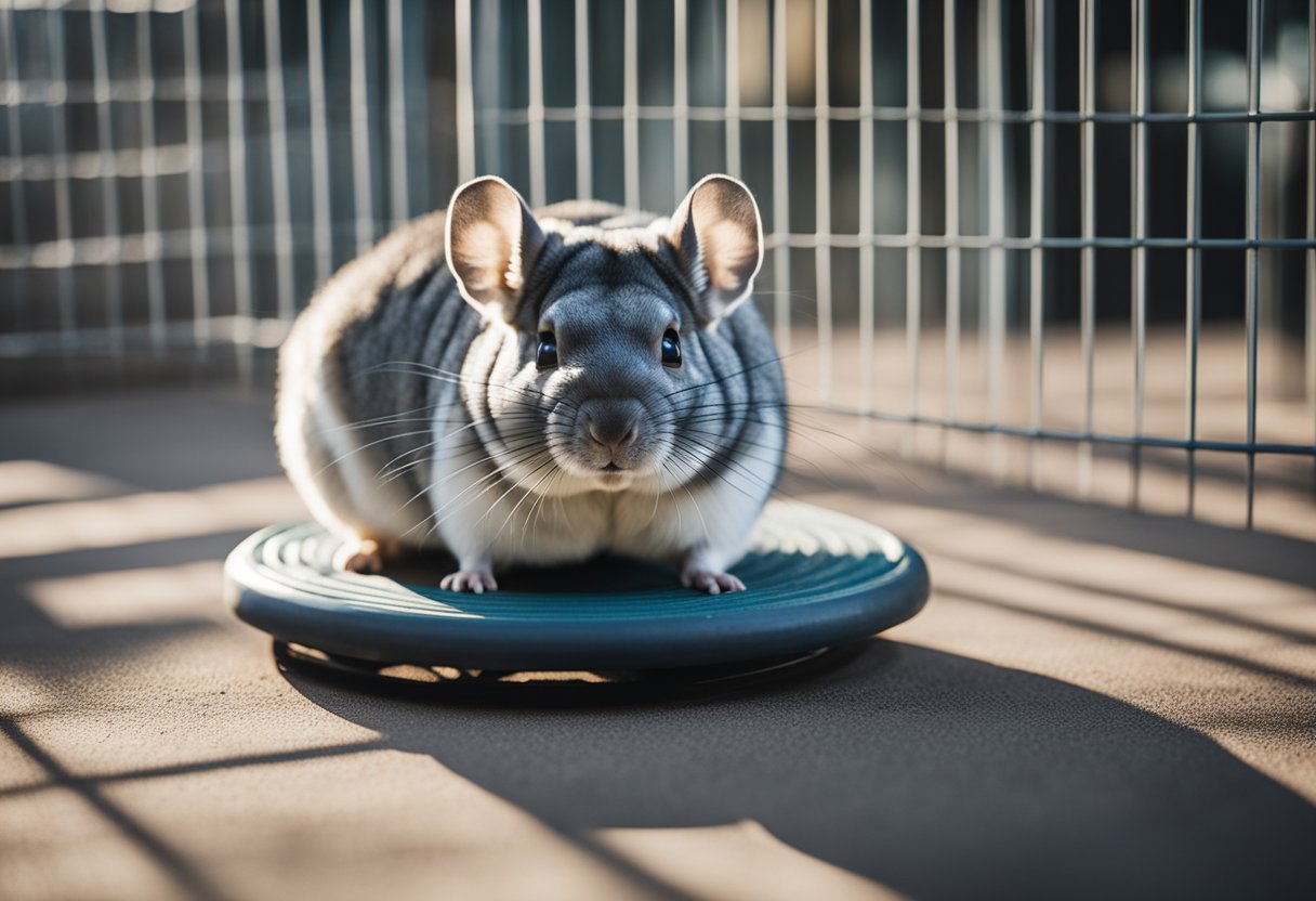 A chinchilla running on an exercise wheel inside a spacious cage