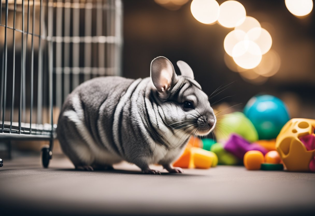 A chinchilla running on a wheel inside its cage, with bedding and toys scattered around