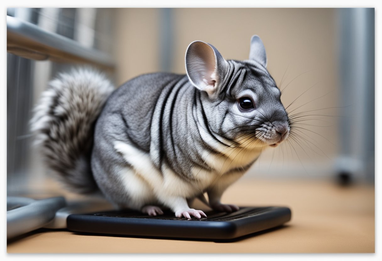 A chinchilla happily runs on a spinning wheel inside its cage