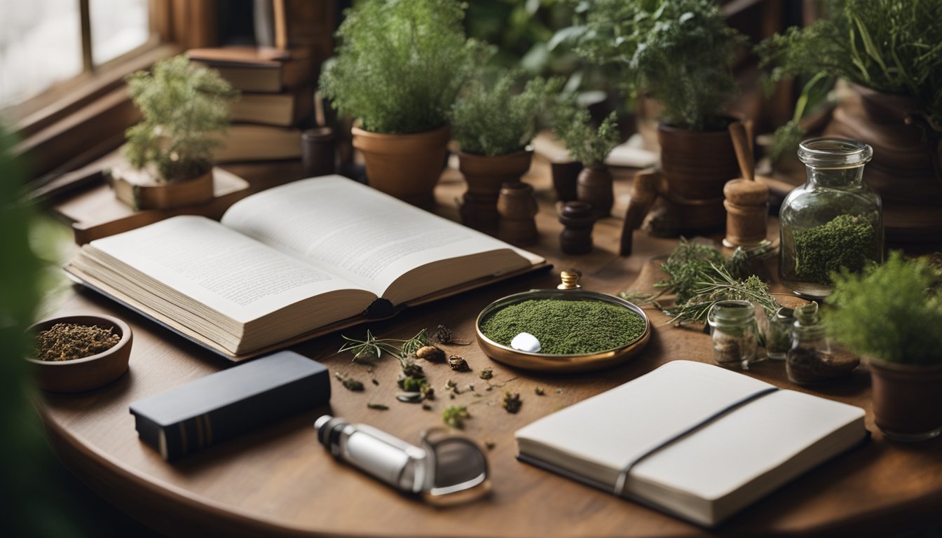 A study desk adorned with herbology books, a notebook, and botanical study tools like a magnifying glass, dried herbs, and botanical illustrations