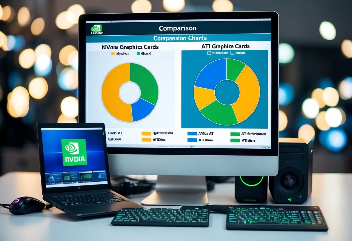 Um computador com um monitor exibindo gráficos de comparação de placas de vídeo Nvidia e ATI, cercado por ícones de software de otimização de IA e edição de vídeo.