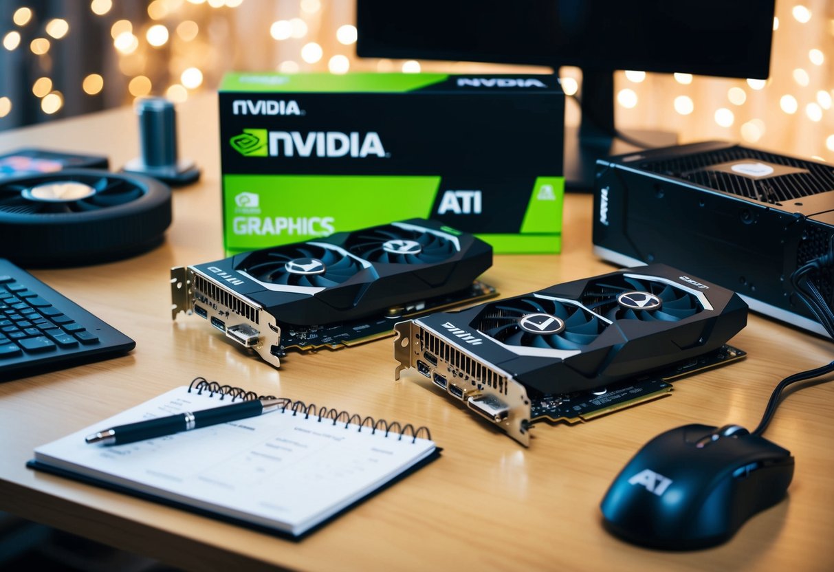 Uma mesa com duas placas de vídeo, uma rotulada como Nvidia e a outra como ATI, cercada por vários componentes de computador e um bloco de notas com anotações de comparação.