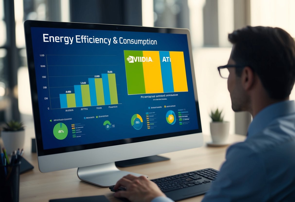 Uma comparação da eficiência energética e consumo da Nvidia e ATI, com gráficos e tabelas exibidos na tela de um computador