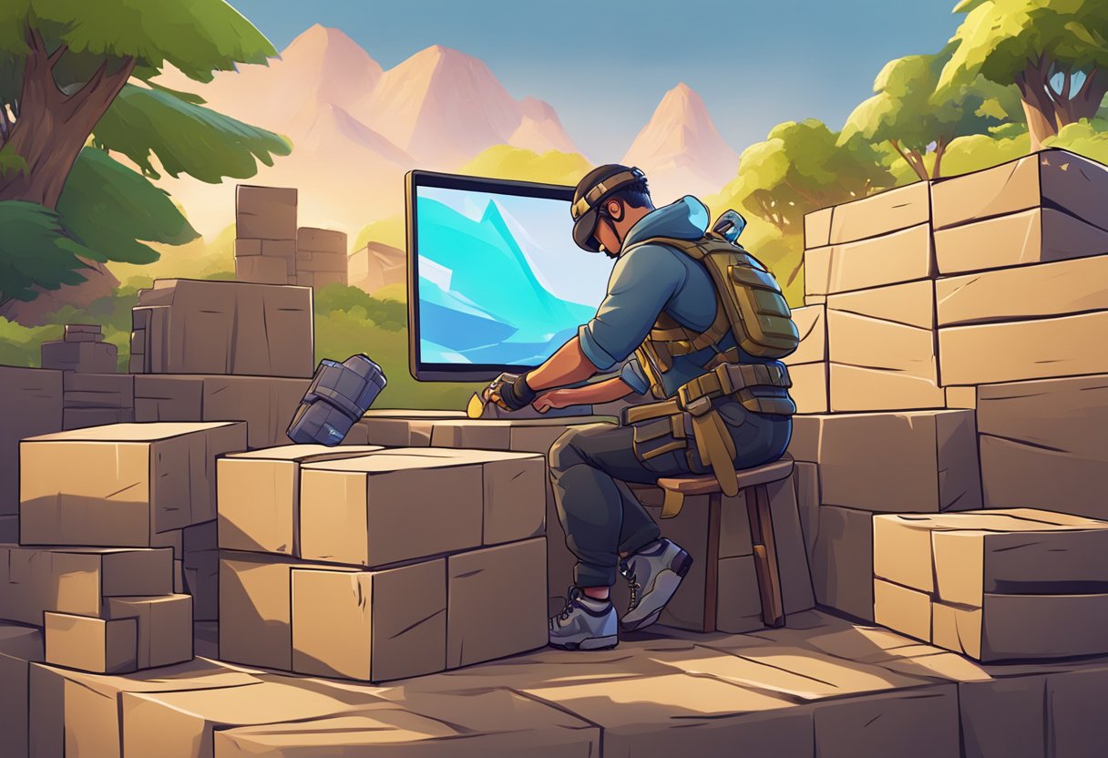 Um jogador construindo uma fortaleza no Fortnite, usando atalhos e coletando itens