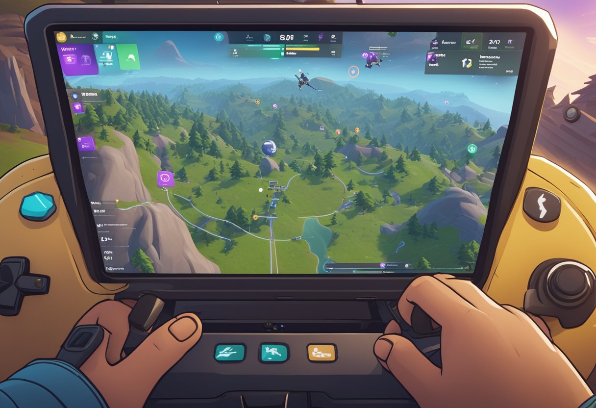 Um jogador navegando com confiança pelos controles e pela interface do Fortnite, com dicas e atalhos exibidos na tela.