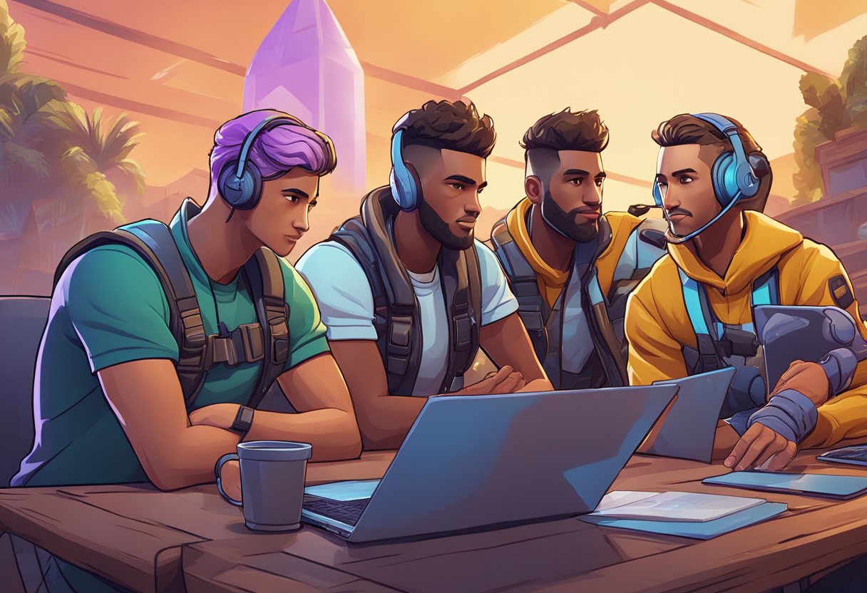 Uma equipe de jogadores de Fortnite estrategizando, se comunicando e trabalhando juntos para alcançar a vitória em uma batalha royale virtual