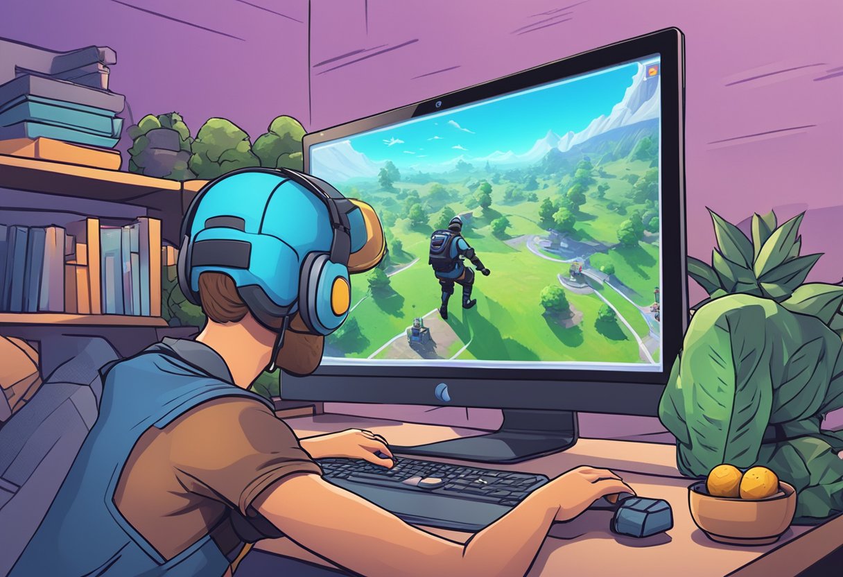 Um jogador navegando por um mundo virtual, coletando recursos e participando de batalhas enquanto aprende dicas e atalhos para jogar Fortnite.