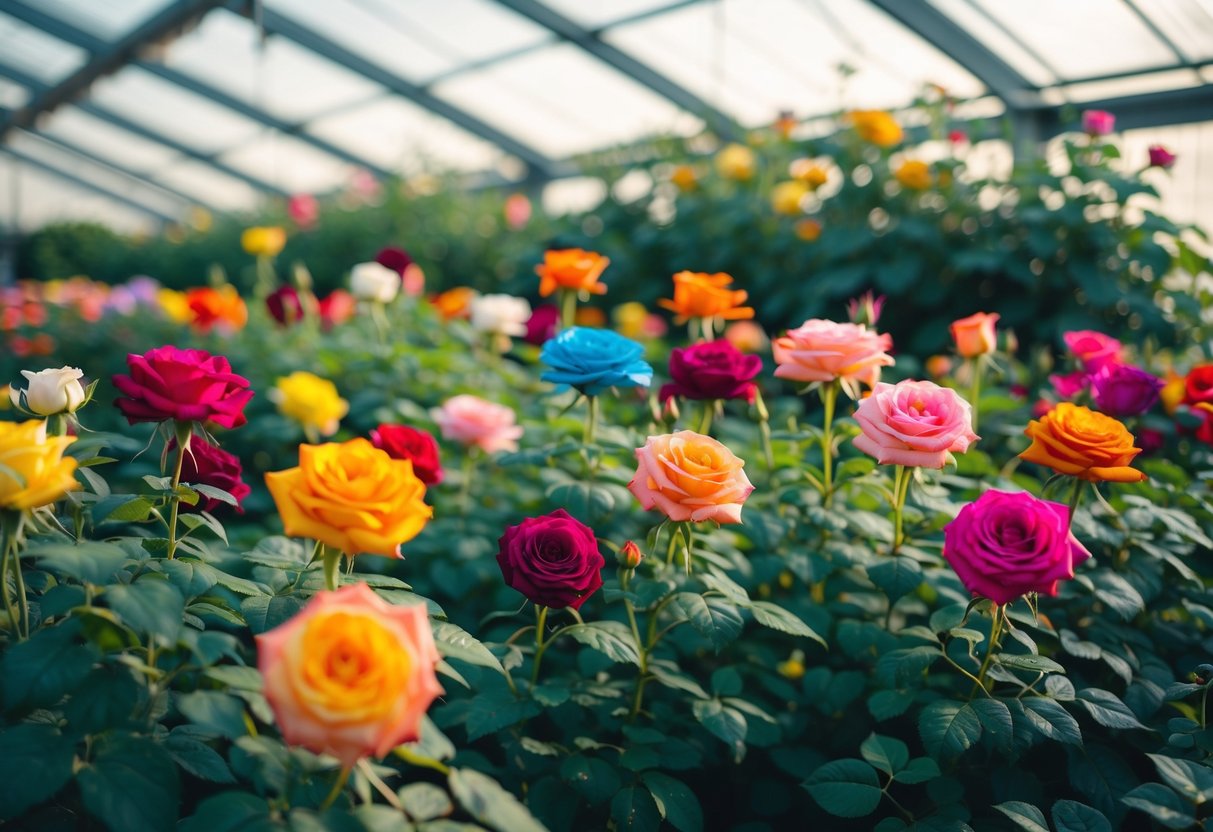 Een kas gevuld met rijen levendige, bloeiende rozen in verschillende kleuren en maten, omringd door weelderig groen en badend in zacht, natuurlijk licht.