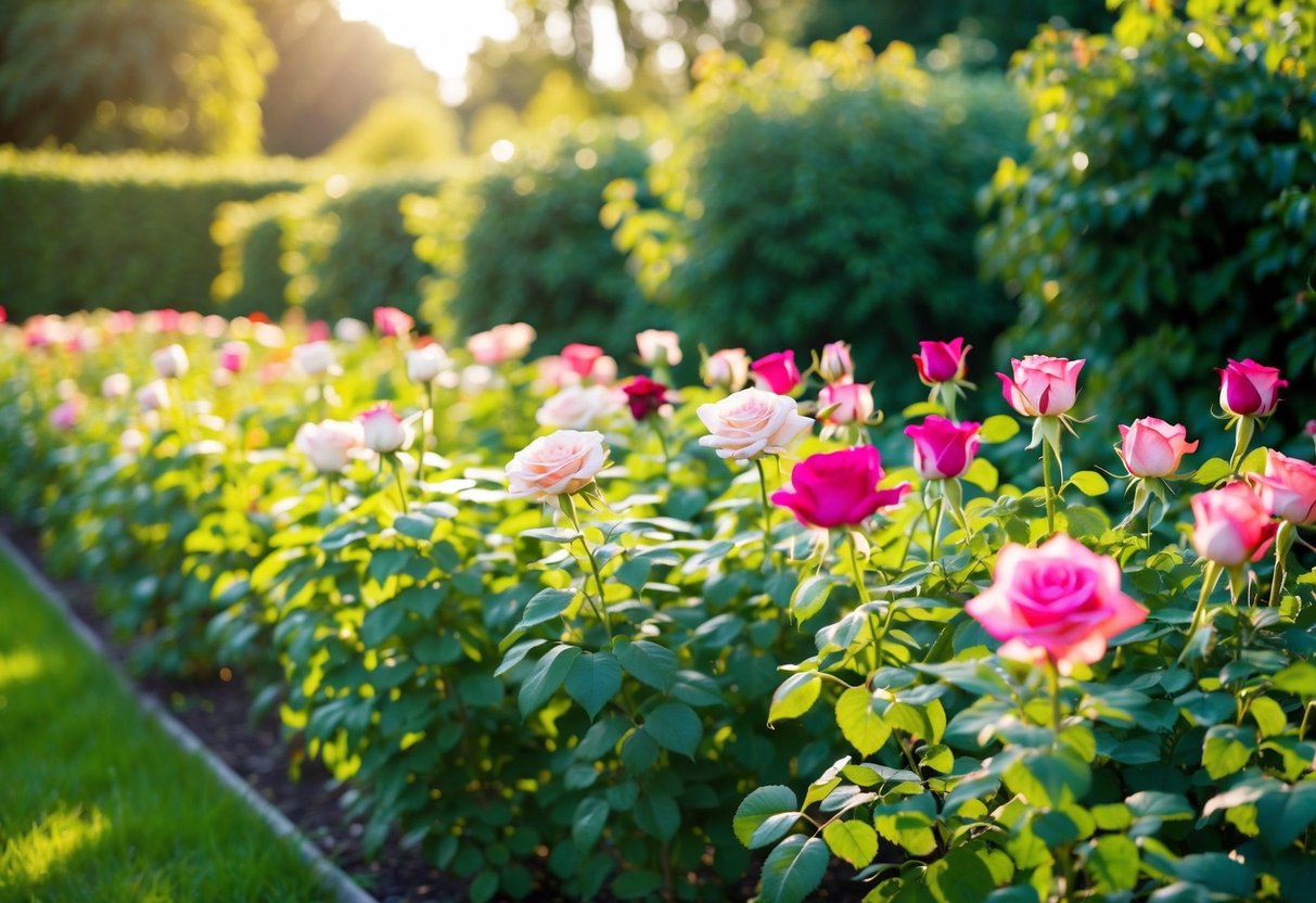 Een serene tuin met rijen levendige rozen in verschillende groeifases, omringd door weelderig groen en ondergedompeld in warme zonneschijn