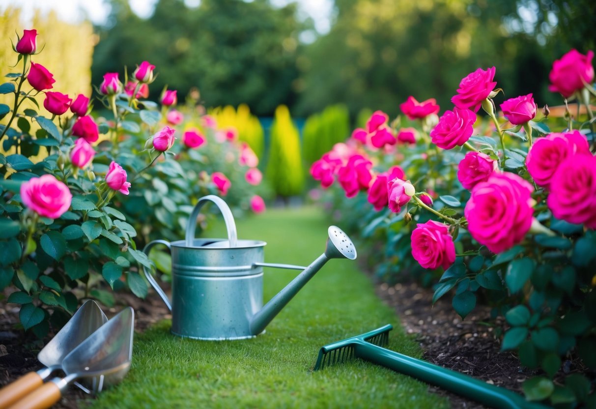 Een tuin met rijen levendige, bloeiende rozen omringd door tuingereedschap en een gieter