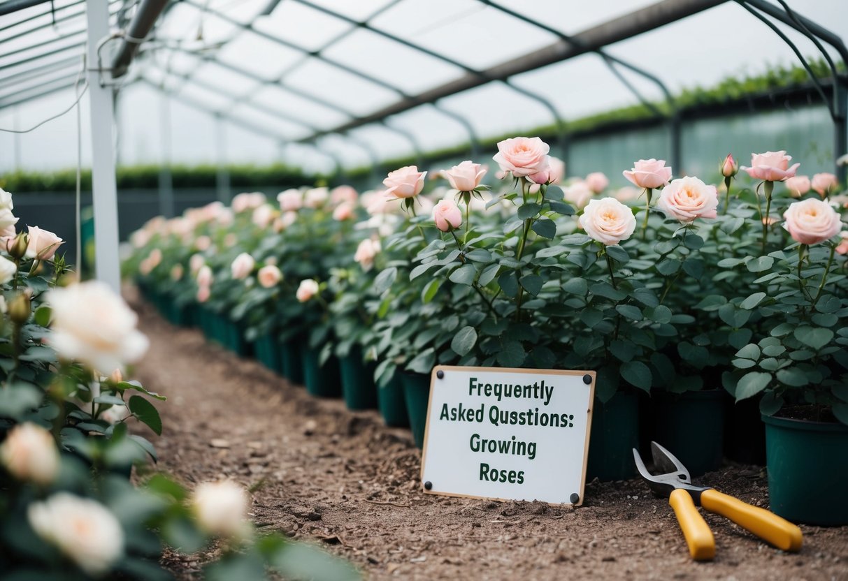 Een kas met rijen bloeiende rozenplanten, omringd door tuingereedschap en een bord met het label "Veelgestelde Vragen: Rozen Teelt"