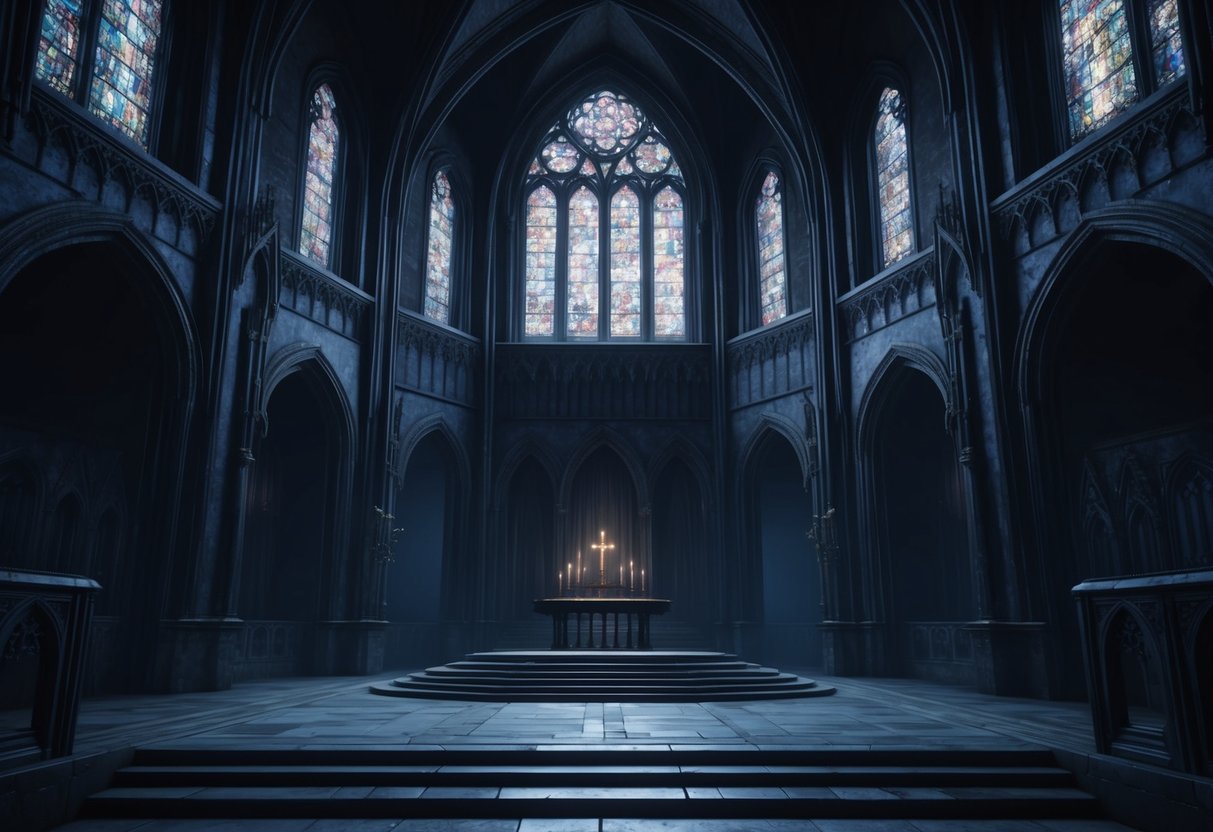 Uma catedral gótica e sombria com música sinistra tocando e vozes ecoando ao fundo