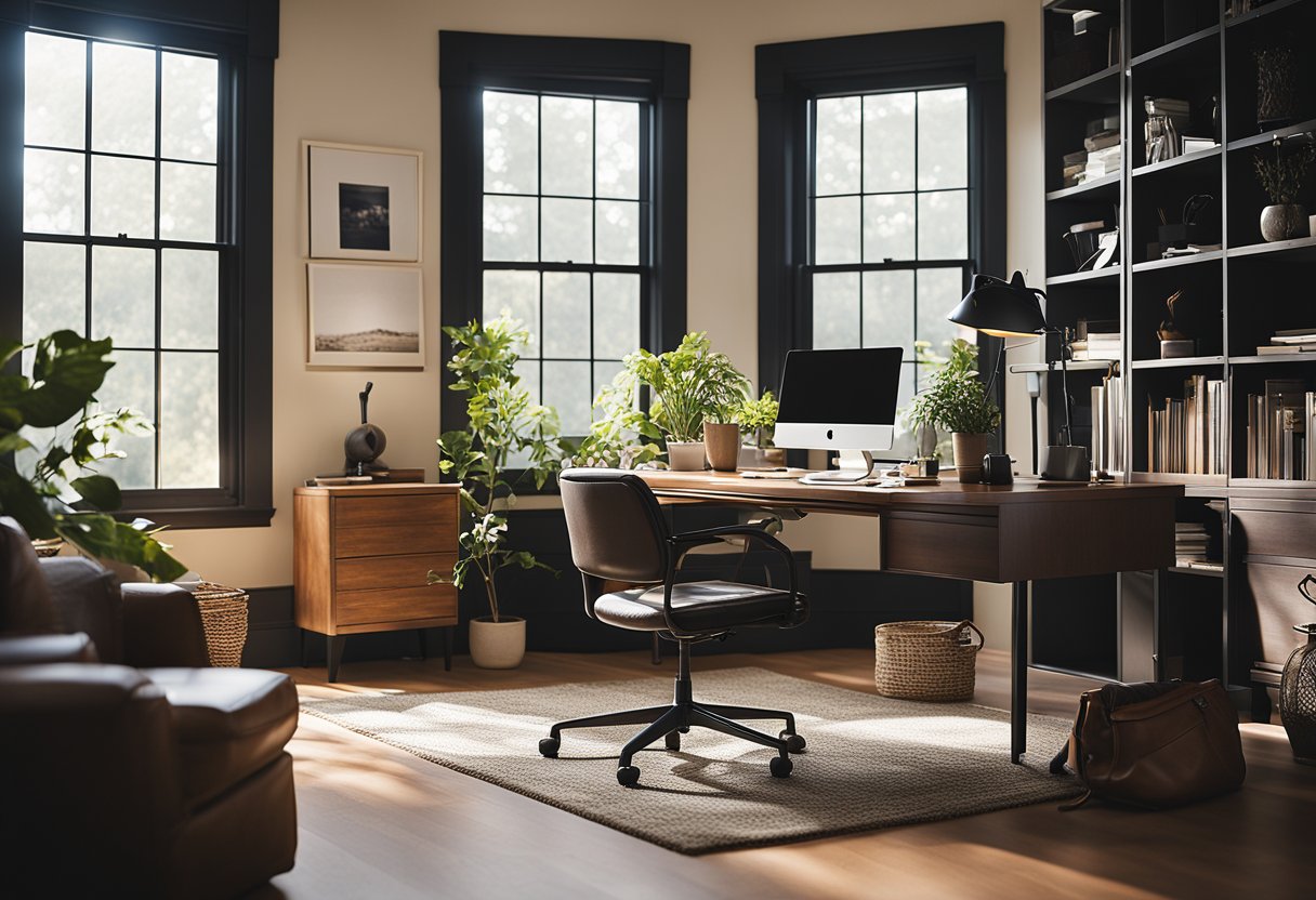 Un bureau à domicile confortable avec un bureau, une chaise, un ordinateur et des fournitures bien organisées. La lumière naturelle entre par une fenêtre, créant un espace de travail chaleureux et accueillant.