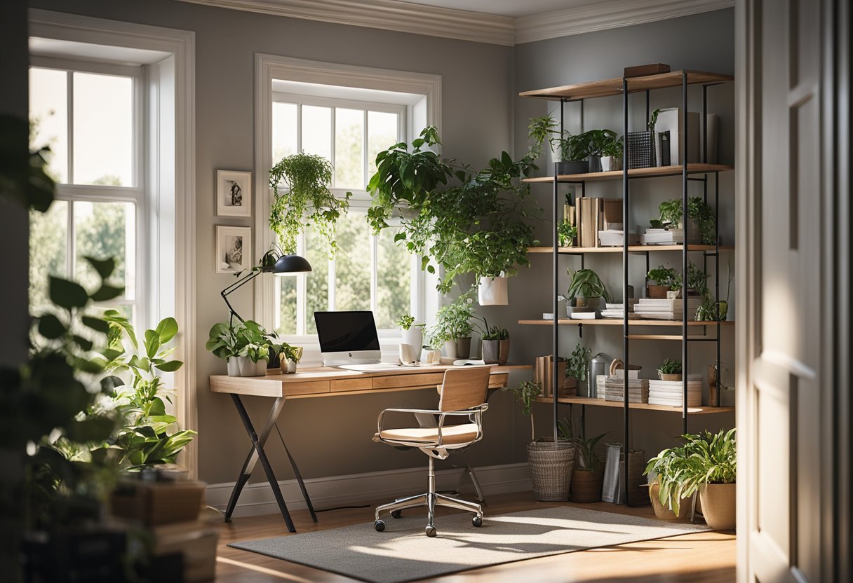 Un bureau à domicile confortable avec un bureau, une chaise, des étagères et des plantes. La lumière naturelle entre par une fenêtre, créant une atmosphère paisible et productive.