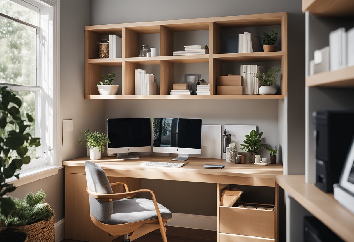 Un bureau à domicile confortable avec un bureau, une chaise, un ordinateur et des étagères de rangement organisées. La lumière naturelle remplit la pièce à travers une fenêtre, créant un environnement de travail paisible et productif.