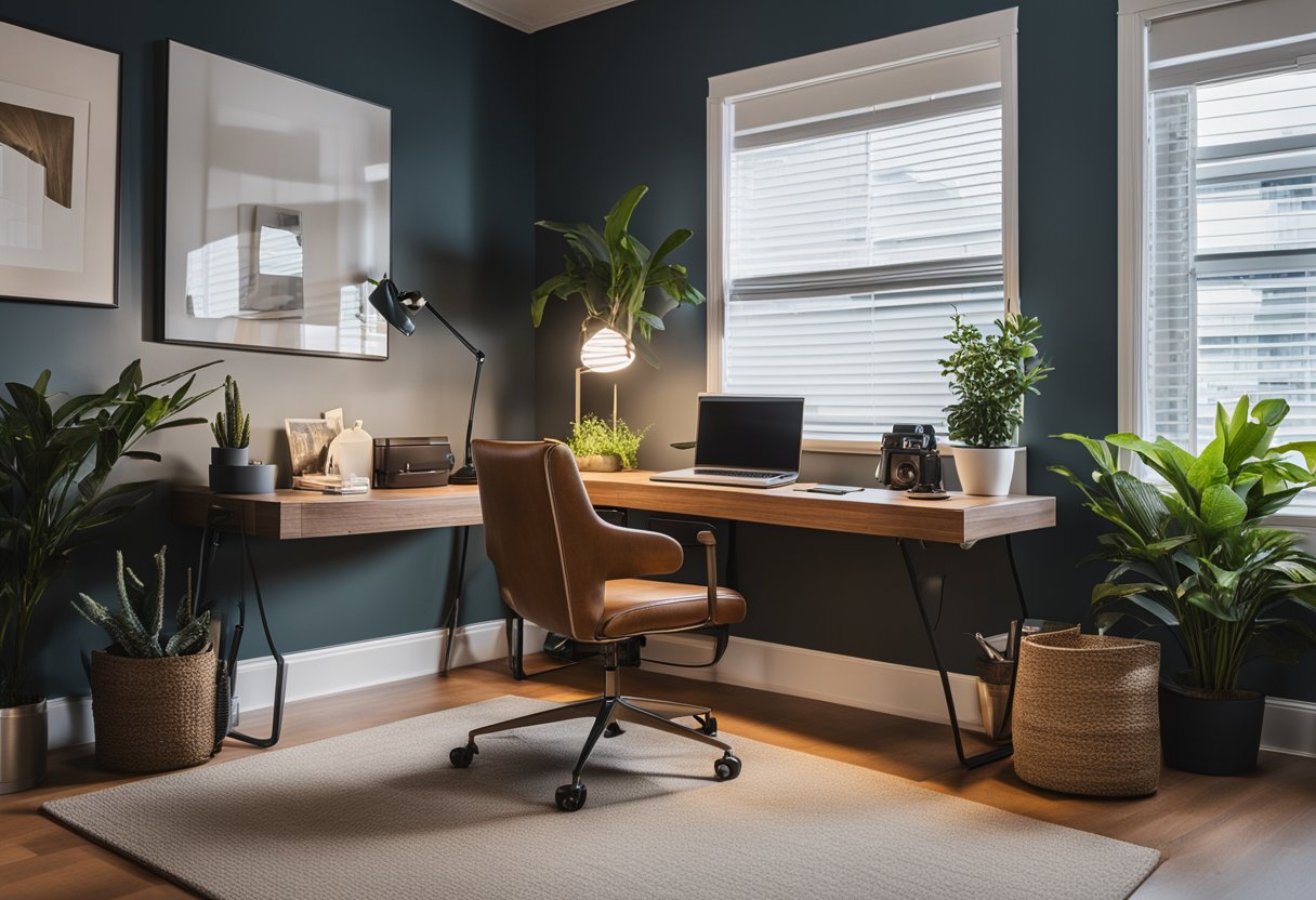 Un bureau à domicile confortable avec un bureau, une chaise, des étagères et une lampe. Un ordinateur portable, un carnet et un stylo sont soigneusement disposés sur le bureau.