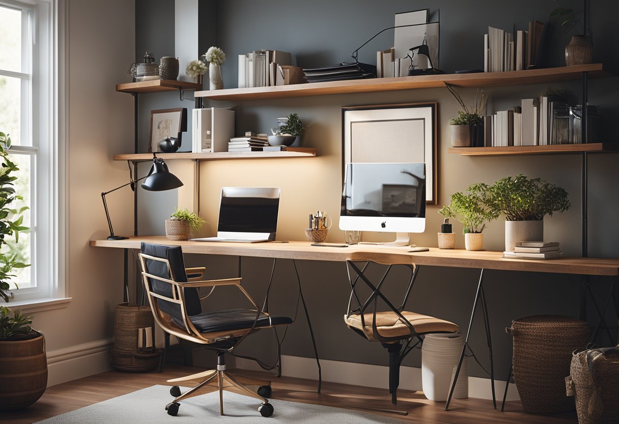 Un bureau à domicile confortable avec un bureau élégant, une chaise ergonomique, des étagères bien organisées et beaucoup de lumière naturelle qui entre par une grande fenêtre.