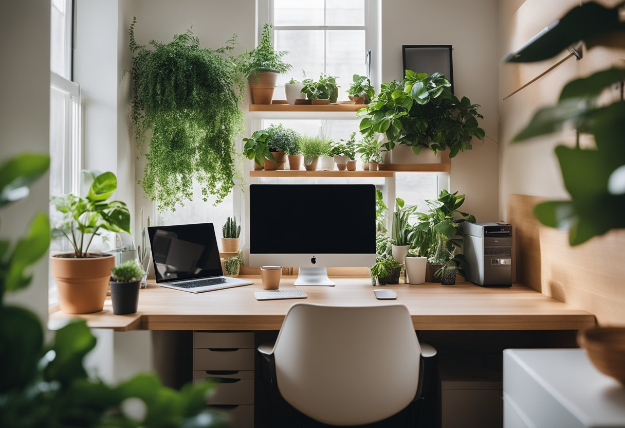 Un bureau à domicile bien organisé avec un bureau, un ordinateur et diverses solutions de rangement. La lumière naturelle entre par une fenêtre, et une plante en pot ajoute une touche de verdure à l'espace.