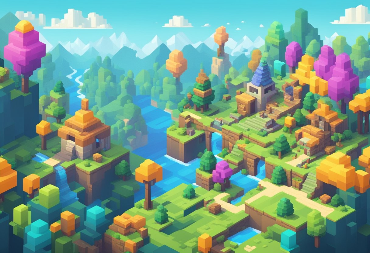 Um mundo vibrante e pixelado com paisagens, personagens e criaturas em blocos. Um jogador navega pelo terreno, coletando recursos e construindo várias estruturas.