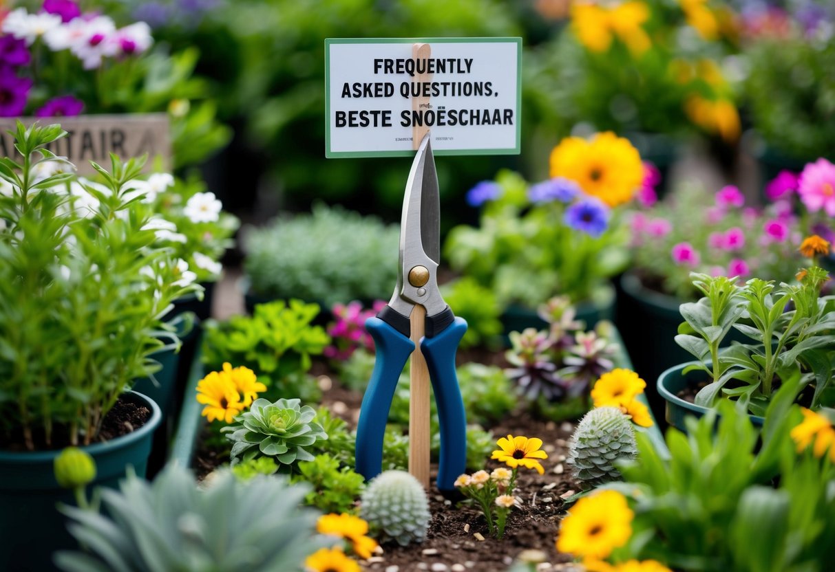 Een paar snoeischaren omringd door verschillende planten en bloemen, met een bord met de tekst "Veelgestelde Vragen Beste snoeischaar" in een tuincentrum