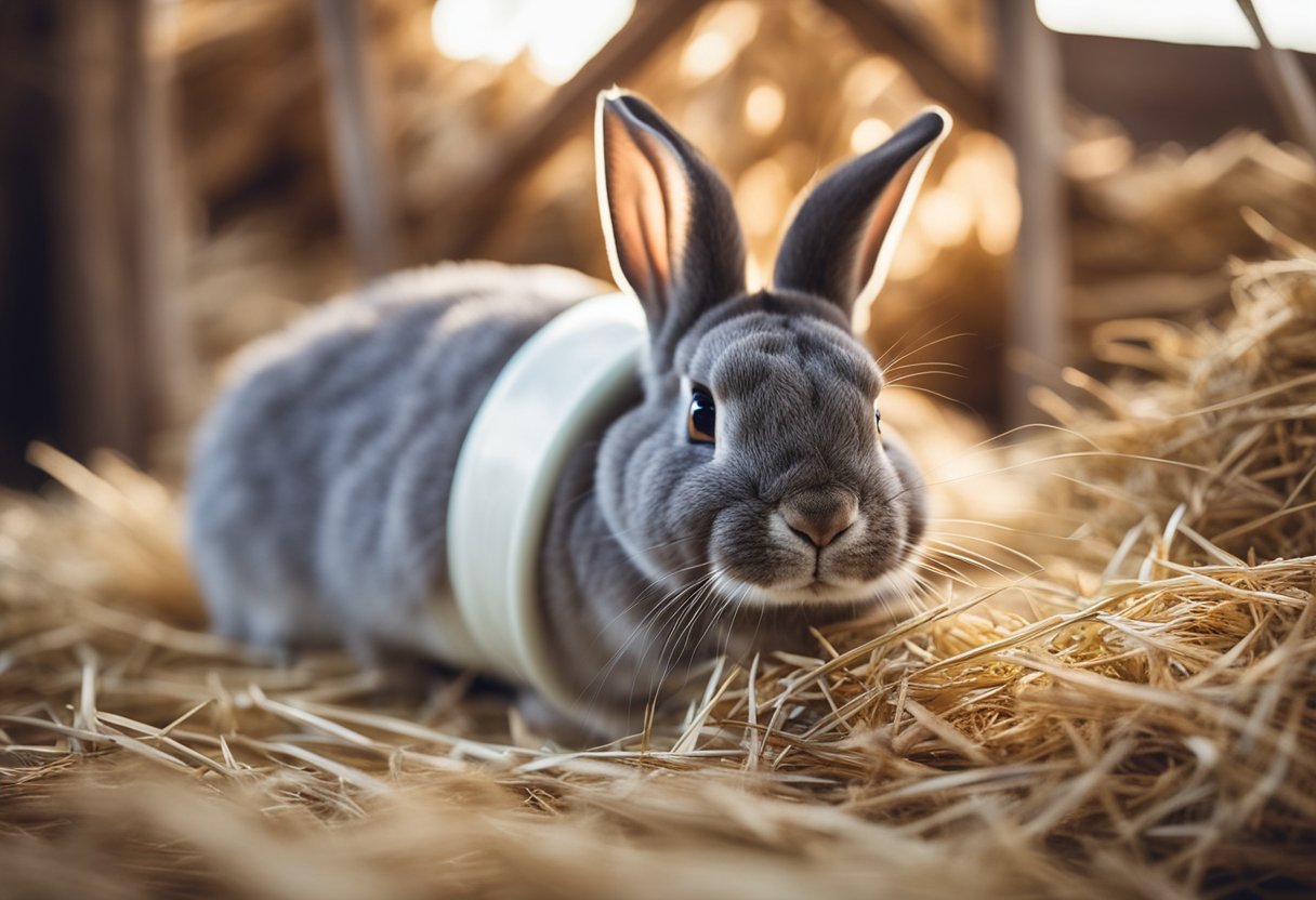 A rabbit nibbles on chinchilla food next to a pile of hay and a water bottle in a cozy cage