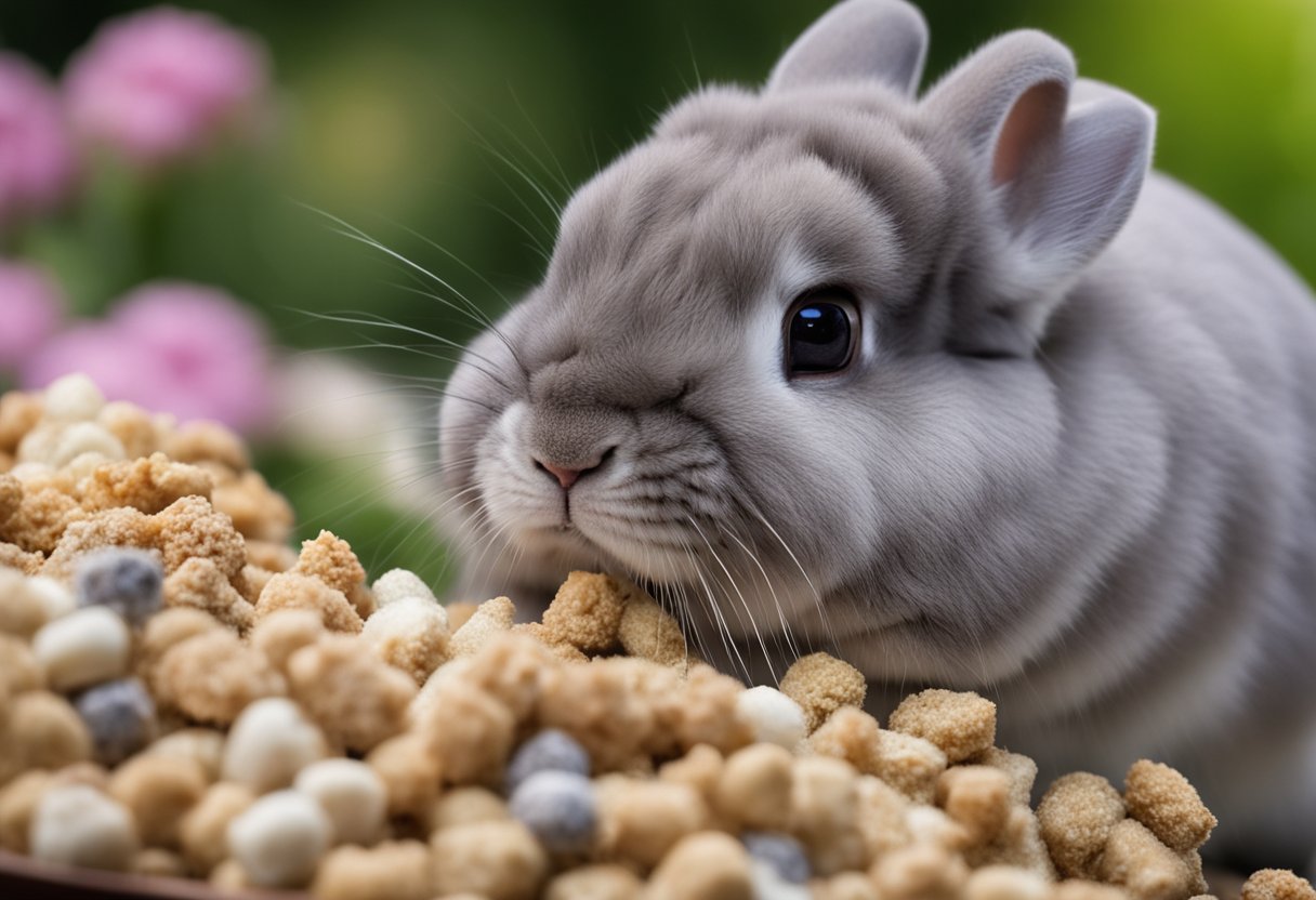 A rabbit sniffs a pile of chinchilla food, while a chinchilla watches from a distance