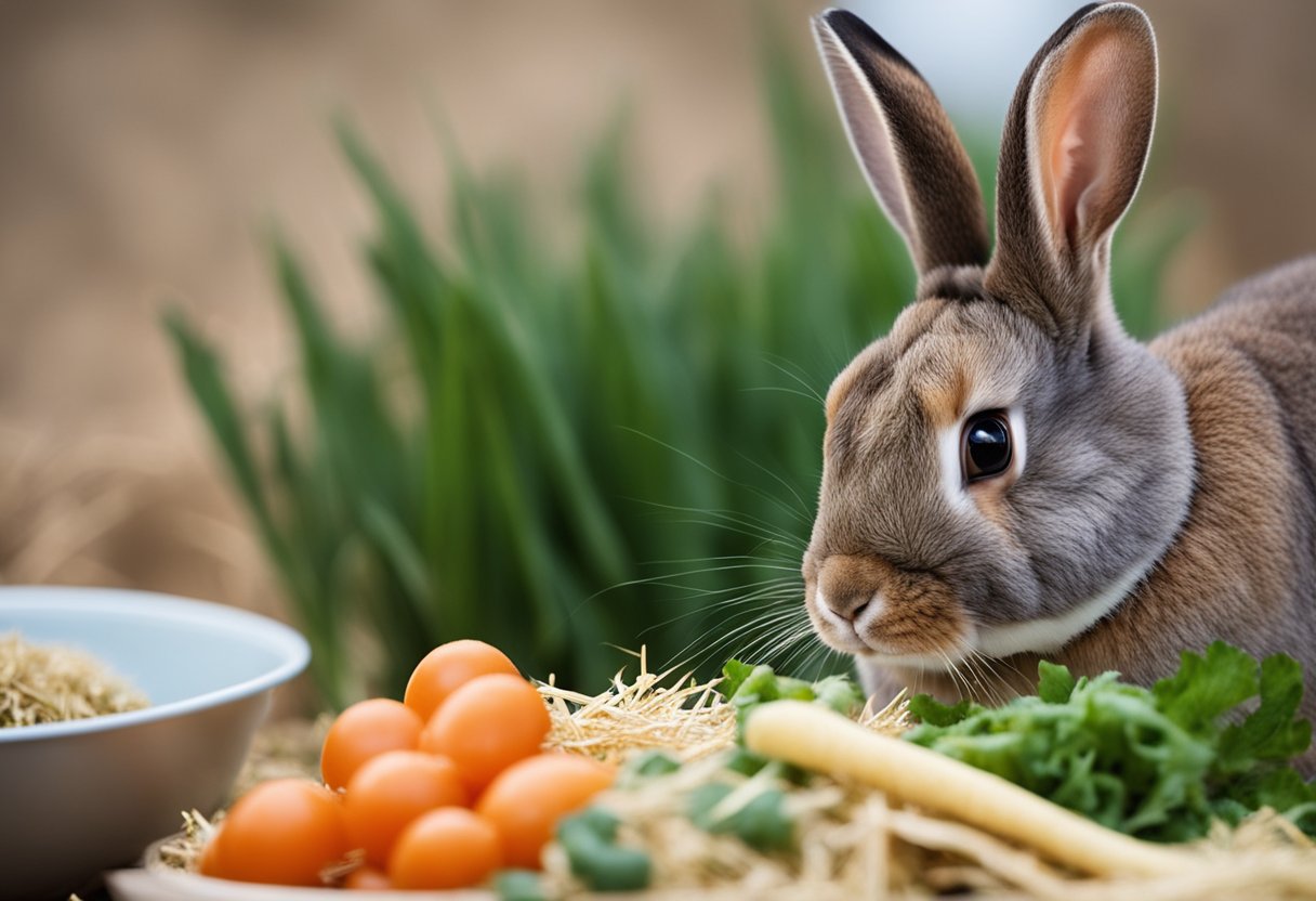 A rabbit happily munching on a pile of fresh hay and vegetables while a bowl of chinchilla food sits untouched nearby