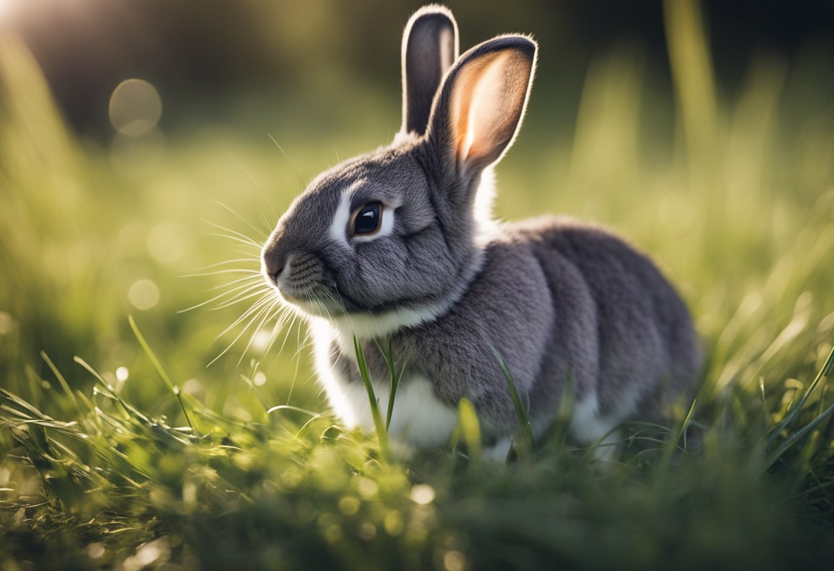 A rabbit nibbles on chinchilla food in a grassy field